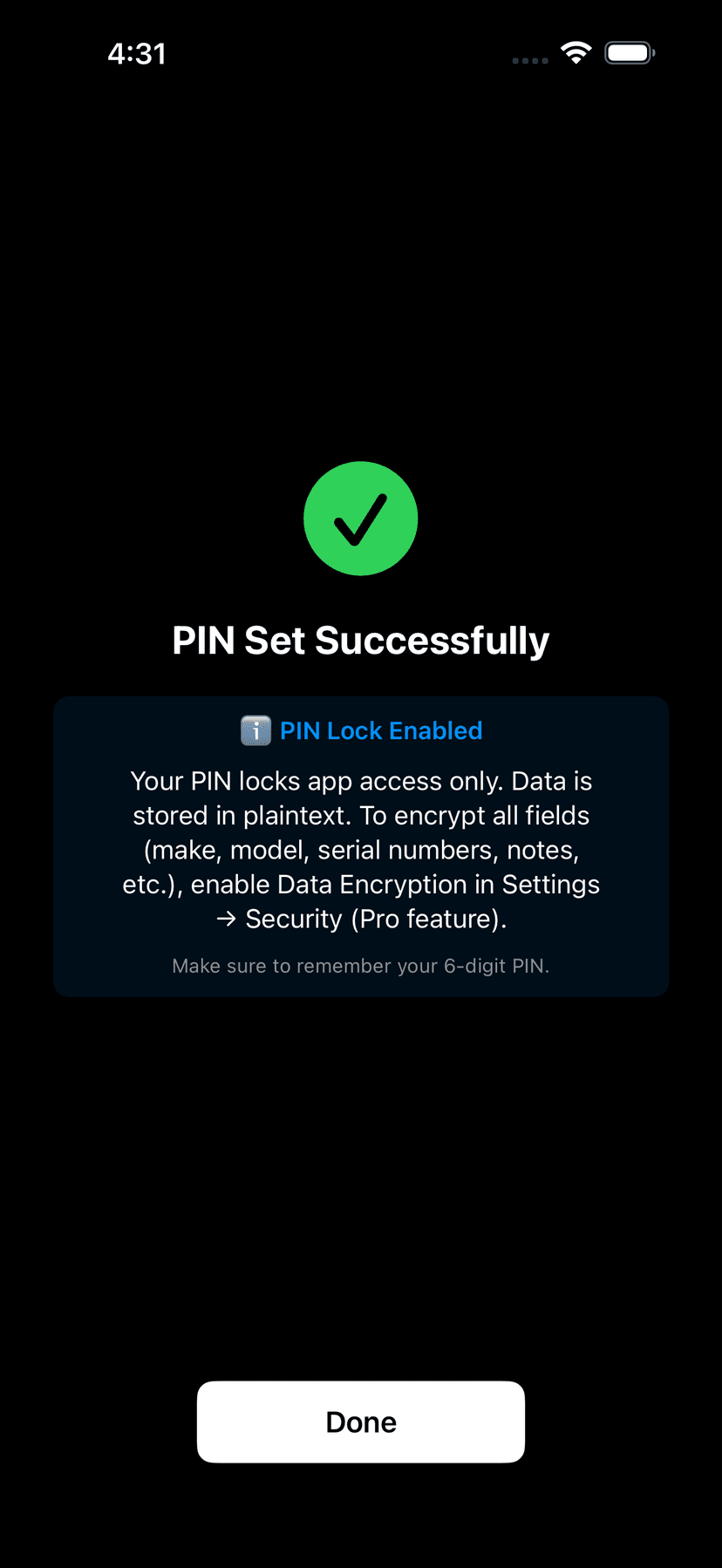 PIN Setup Success