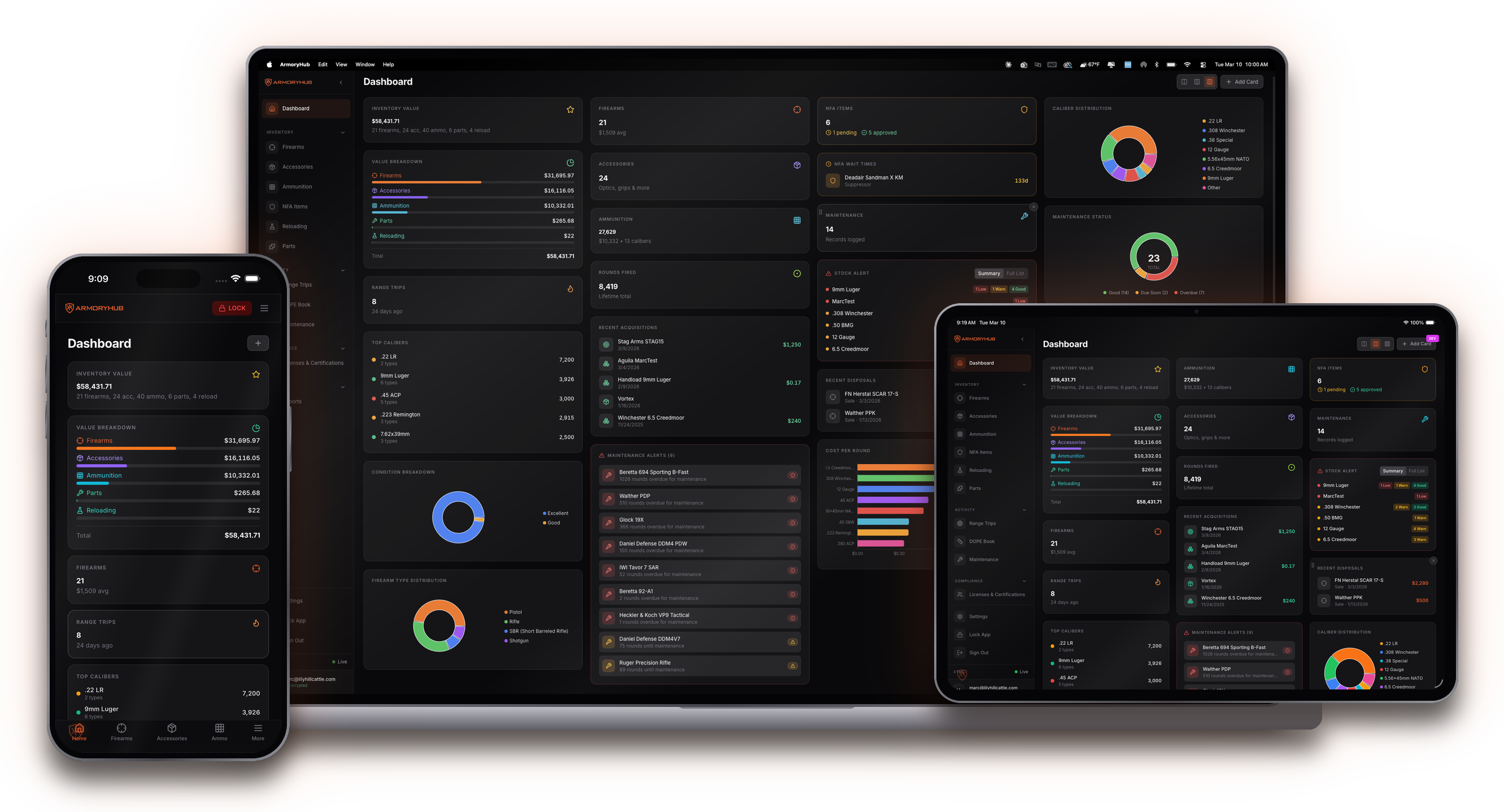 ArmoryHub dashboard on iPhone, Mac and iPad