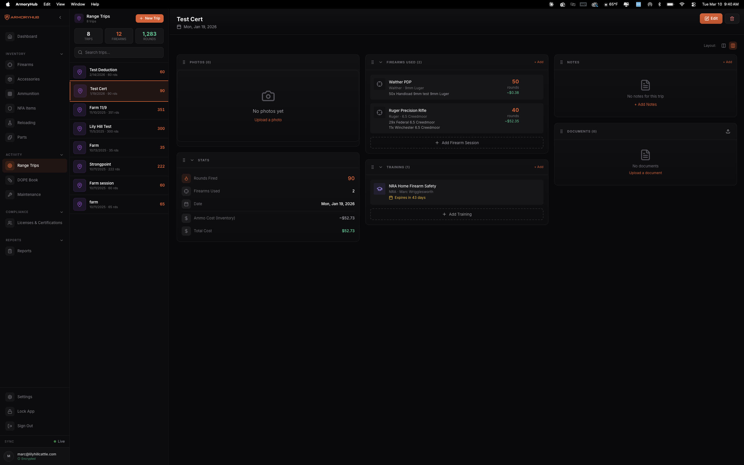 ArmoryHub Desktop — Range Trips